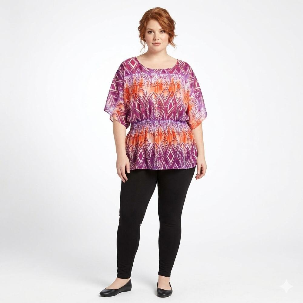 R & K Women's Ombre Blouse 2XL Polyester Tribal Geometric Lightweight Flowy